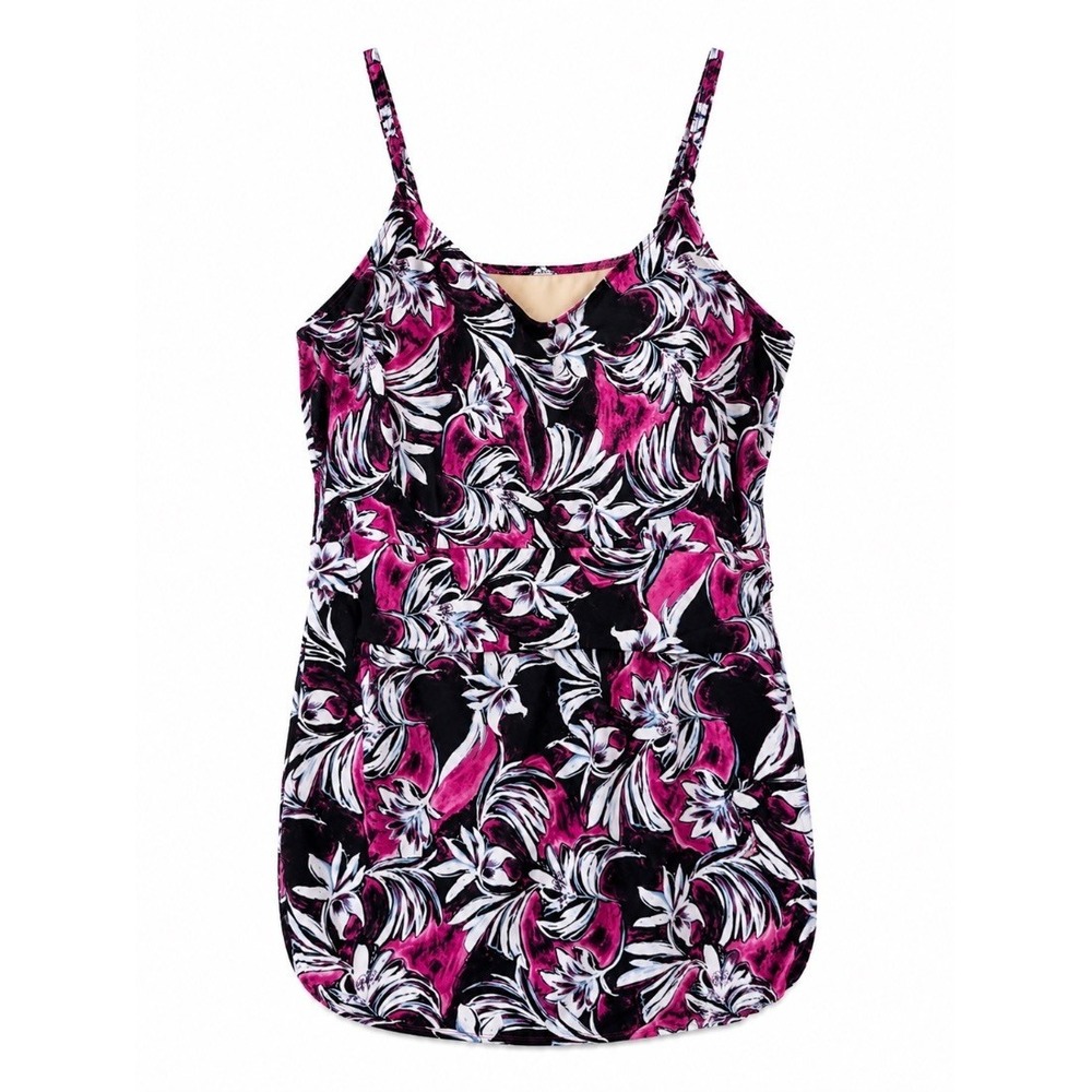 Susan Graver Plus 28W Floral Tankini Swimsuit Top Black Pink Spaghetti Strap